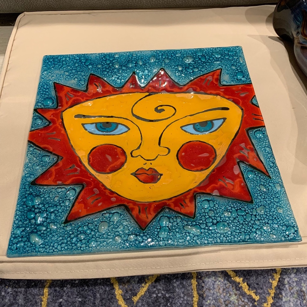 Handpainted Fused Art Glass Tray 10 3/8” Square. Vivid Colors Face in Center
